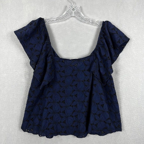 Eberjey Shirt Top Navy Blue Embroidered Evelyn Ruffled Cotton Large Top - Picture 10 of 10